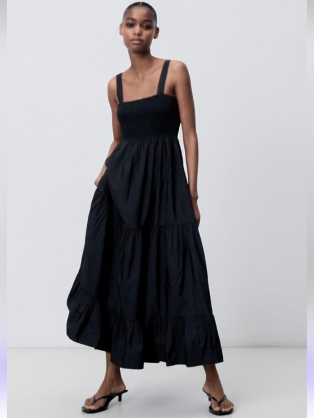 ZARA Black Smocked Bodice Maxi Dress Square Neck Tiered! Size S
